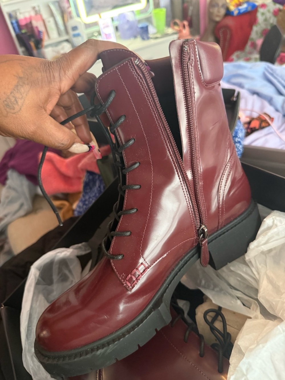 Coach Woman’s Lace-Up Boots in Burgundy Patent Leather - Picture 3 of 7